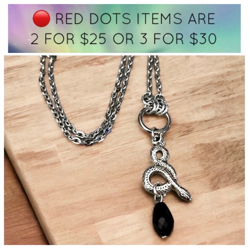 🔴stainless steel chain Silver plated snake charm black crystal boho goth celtic